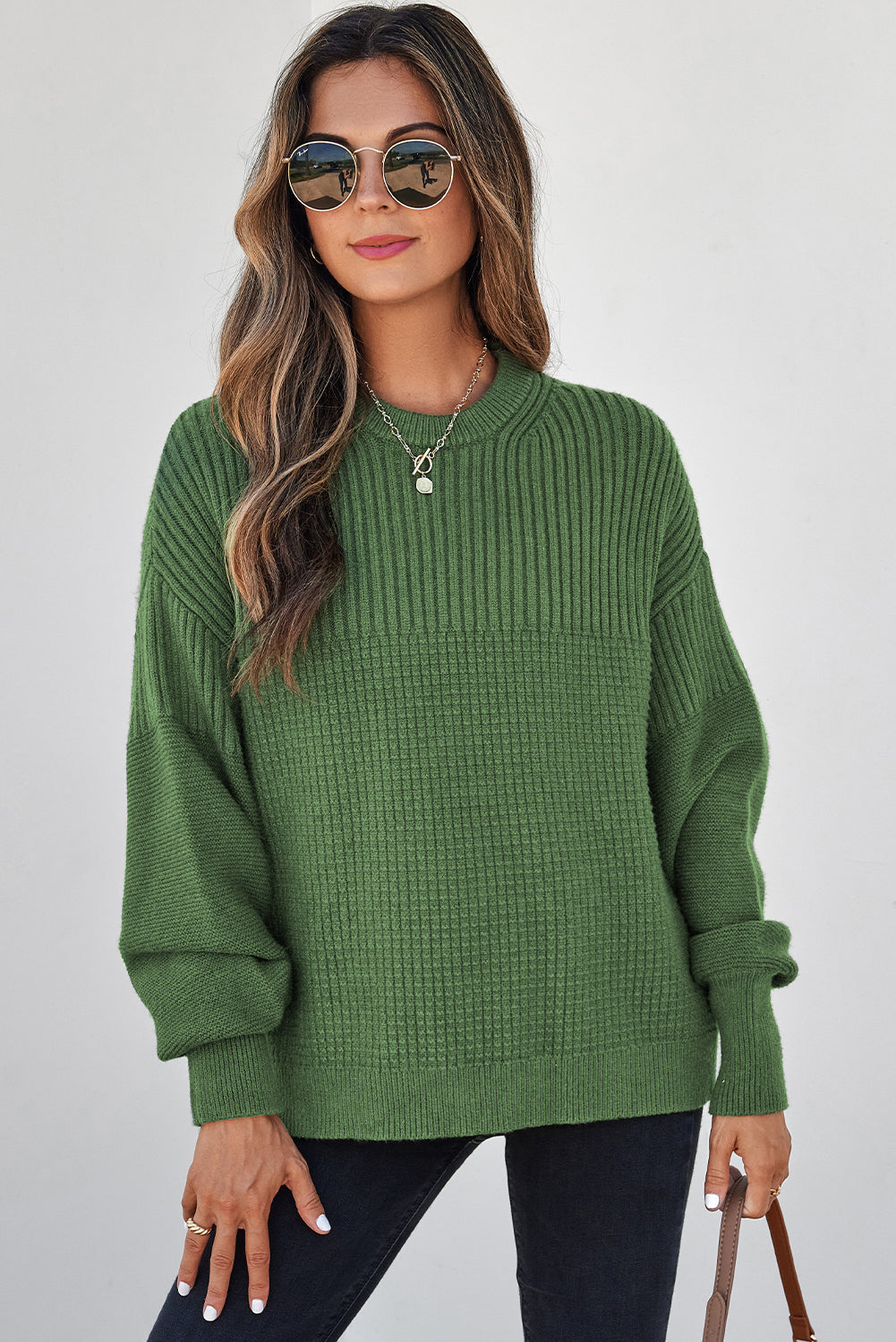Vineyard Green Mixed Texture Knitted Crew Neck Sweater