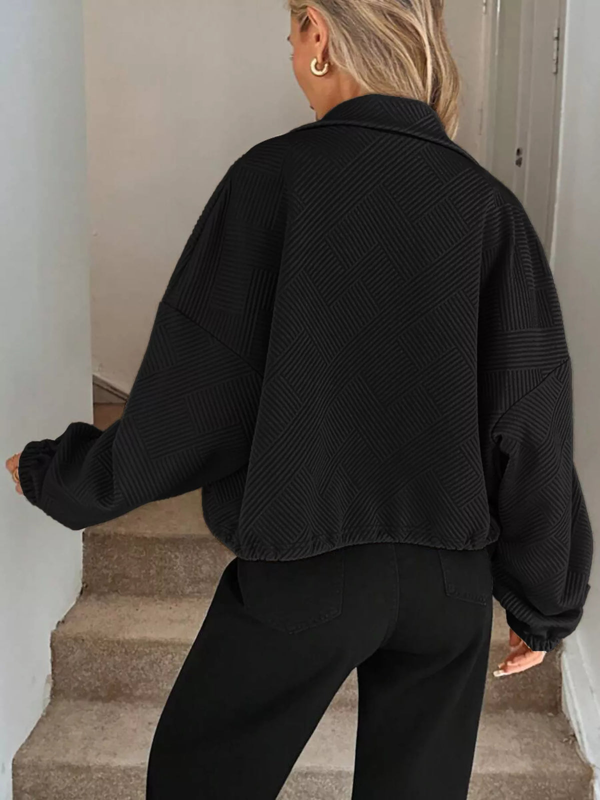 Drawstring Hem Textured Long Sleeve Jacket