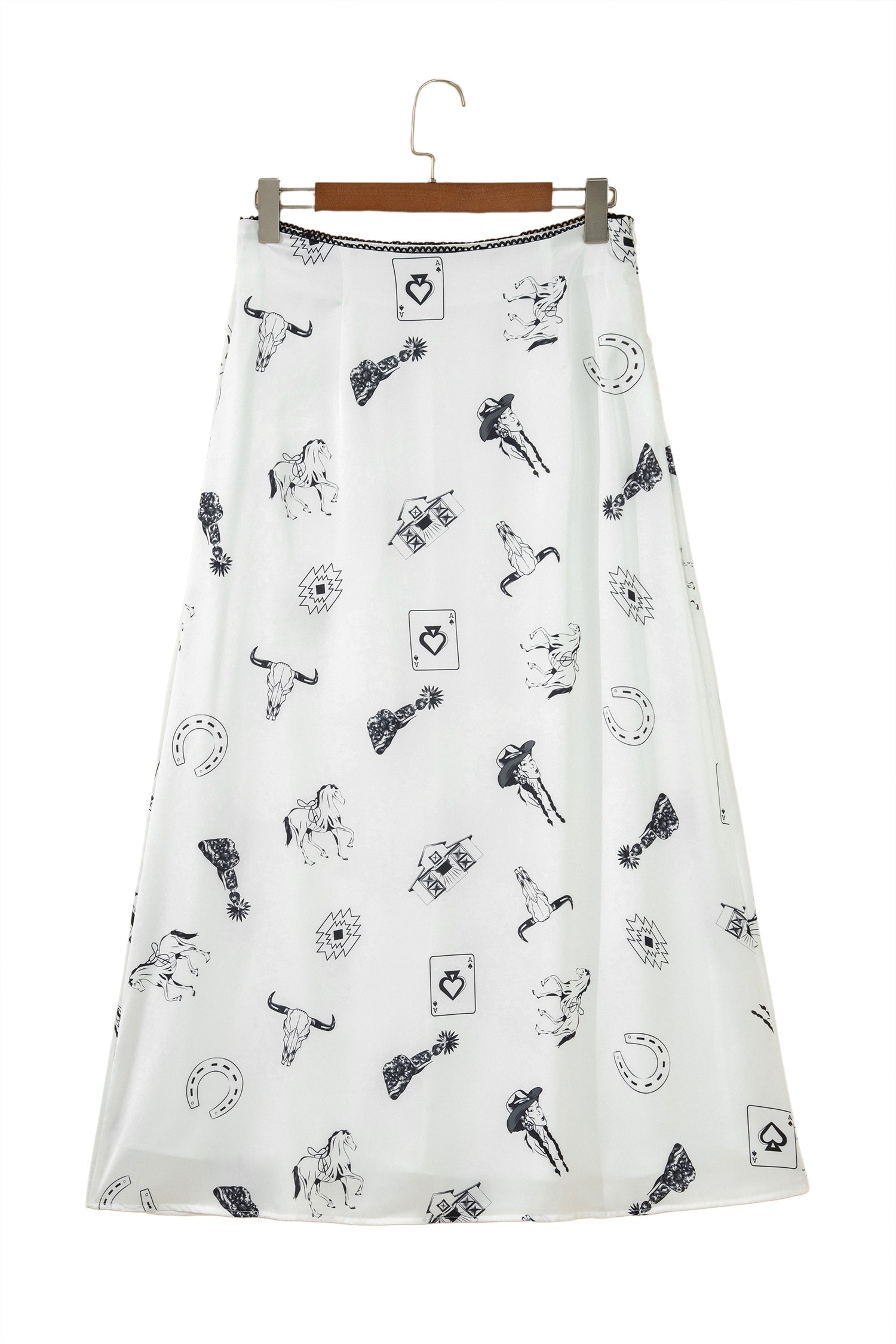 White Western Print Satin Long Skirt Elegant Midi Flowy Skirt