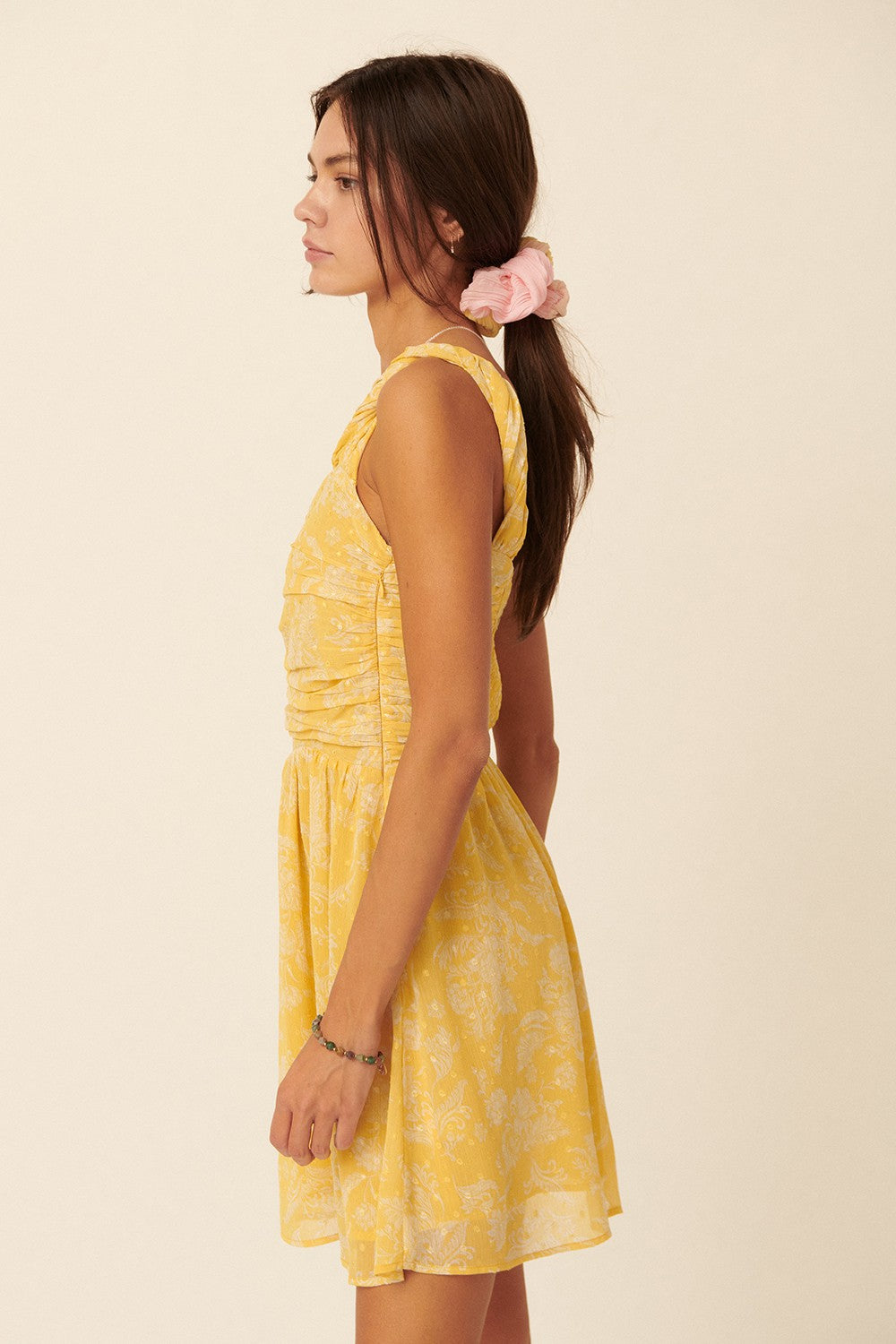 Yellow Floral Swiss Dot Chiffon One Shoulder Mini Dress - Image 2