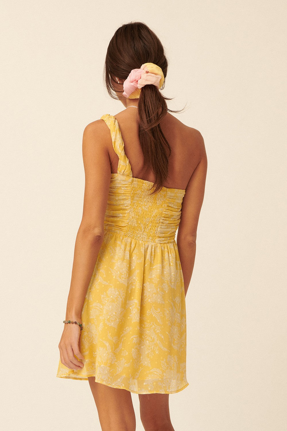 Yellow Floral Swiss Dot Chiffon One Shoulder Mini Dress - Image 3