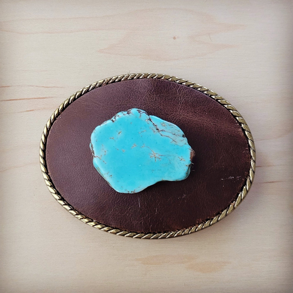 Rope edge brown leather belt buckle with a center blue turquoise stone