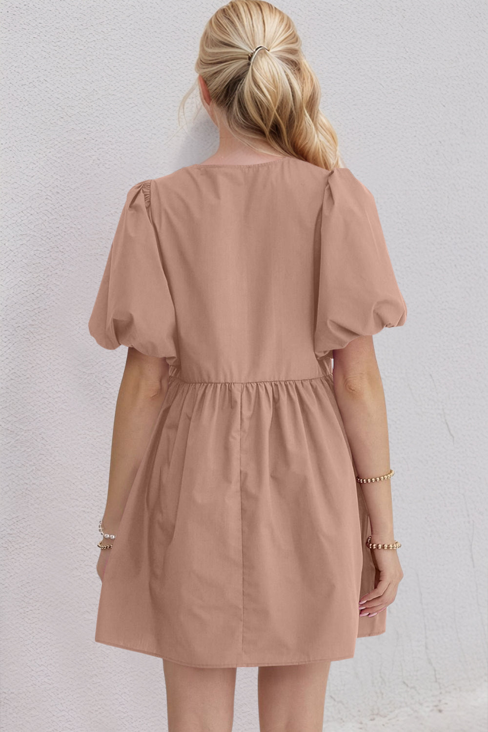 Ruched Puff Sleeve Mini Dress with Bow Detail