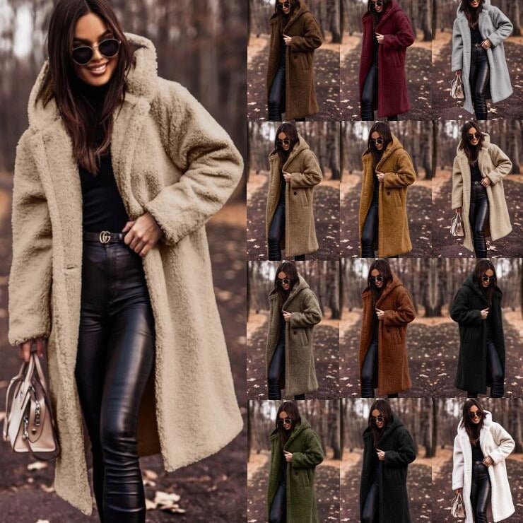 Woman wearing a Harajuku Style Long Sleeve Woolen Coat in beige, with a collage of other available colors.