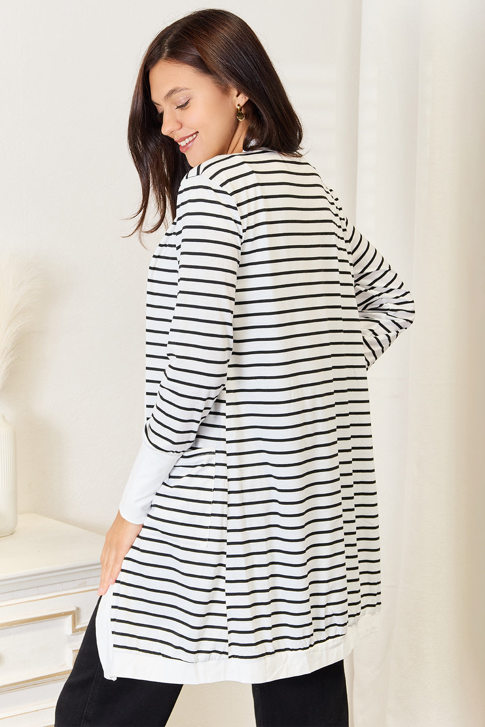 Striped Open Front Longline Cardigan with Pockets