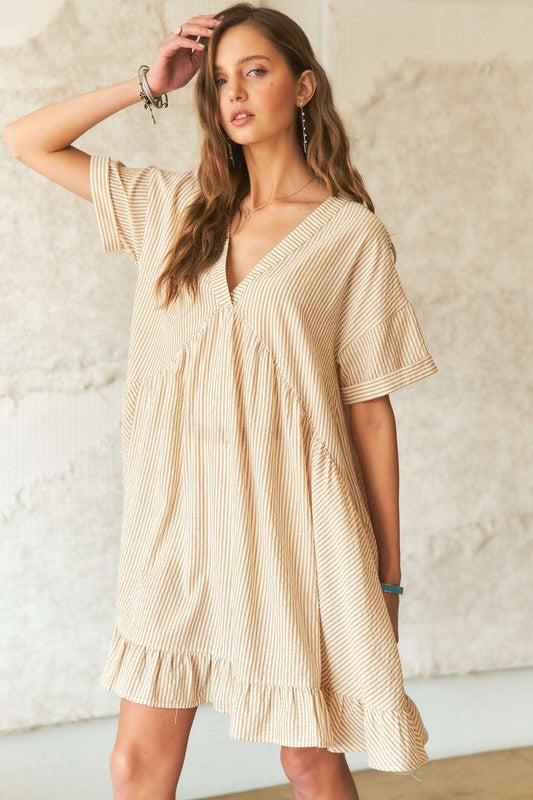 Striped V-Neck Babydoll Dress with Ruffled Hem - Beige & White