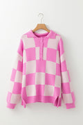 Checker Half Buttoned Collar Drop Shoulder Sweater