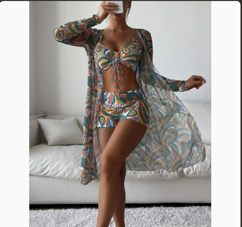 Three-Piece Bikini Set with Sheer Mesh Cover-Up and Briefs