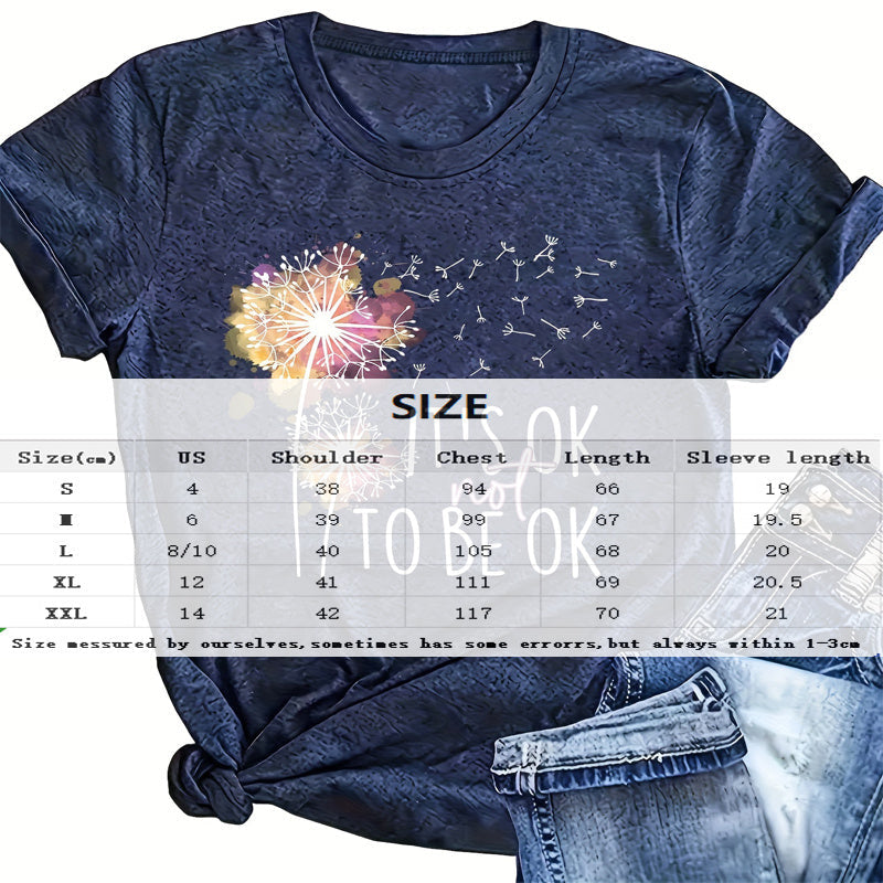 Women's Round Neck Short Sleeve T-Shirt Graphic Dandelion Print Tee - Image 2