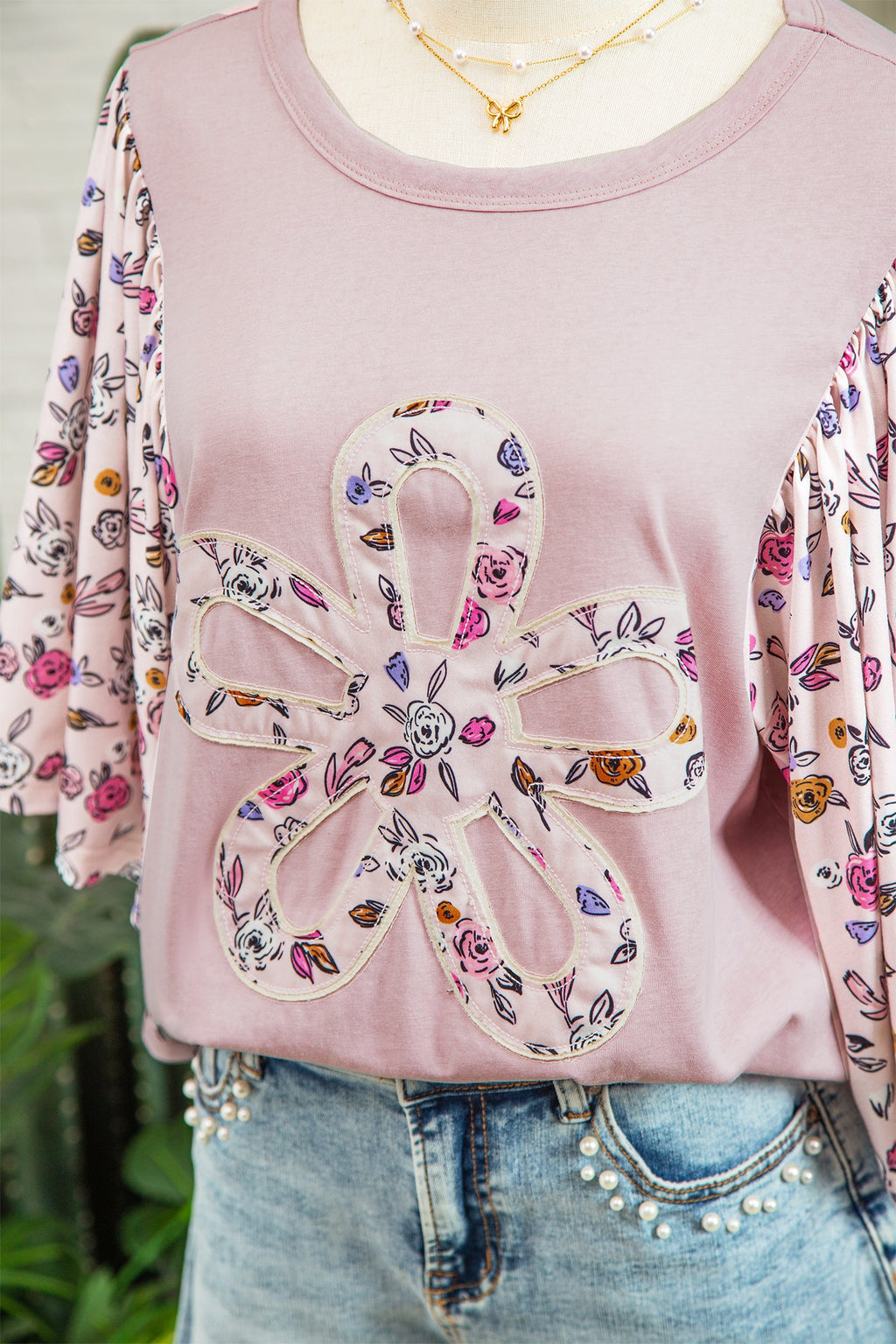 Pink Floral Patchwork Blouse with Flowy Half Sleeves