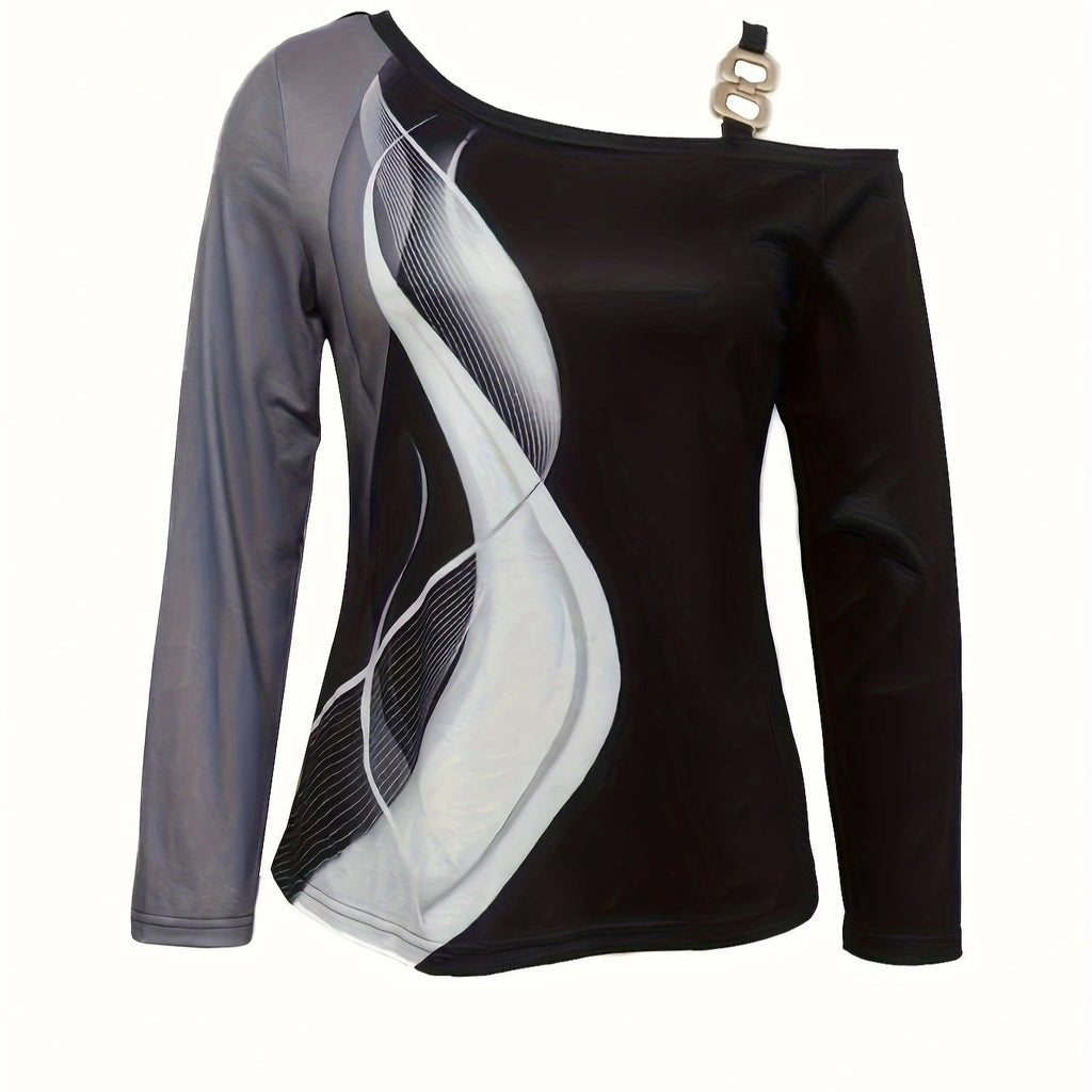 Women’s Asymmetrical Abstract Print Top with Shoulder Buckle - Image 2