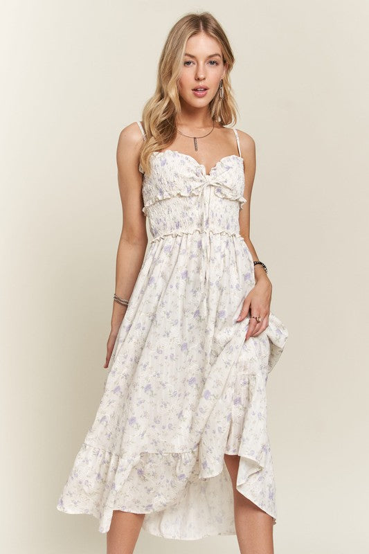 White and Purple Floral Smocked Flowy Cotton Dress