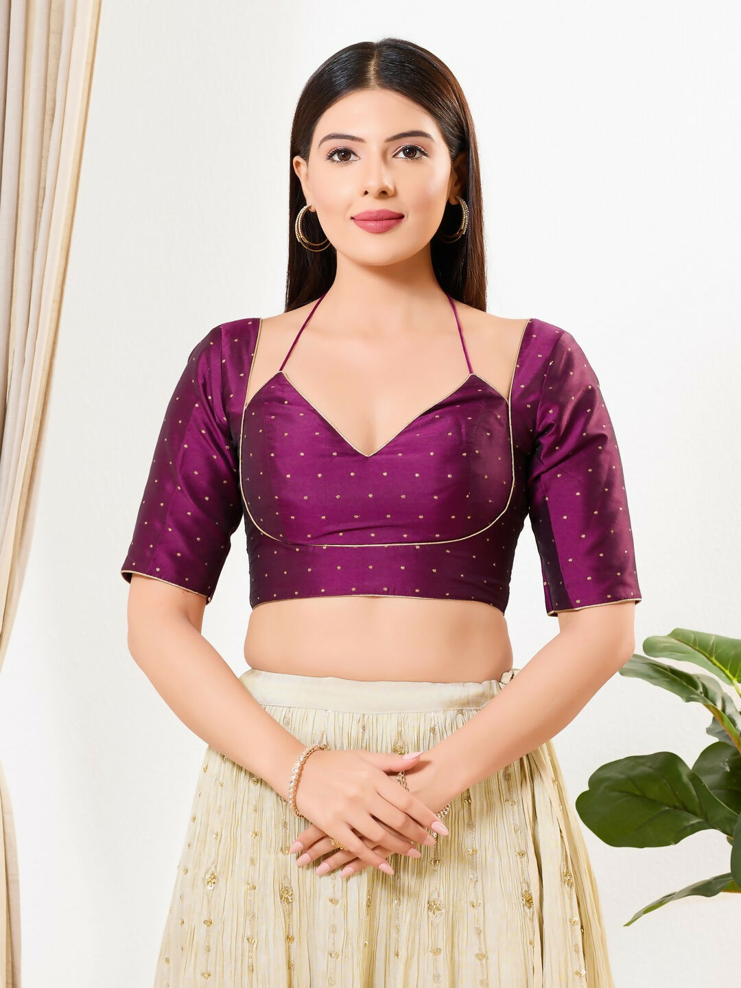Purple brocade blouse with sweetheart neckline and elbow sleeves