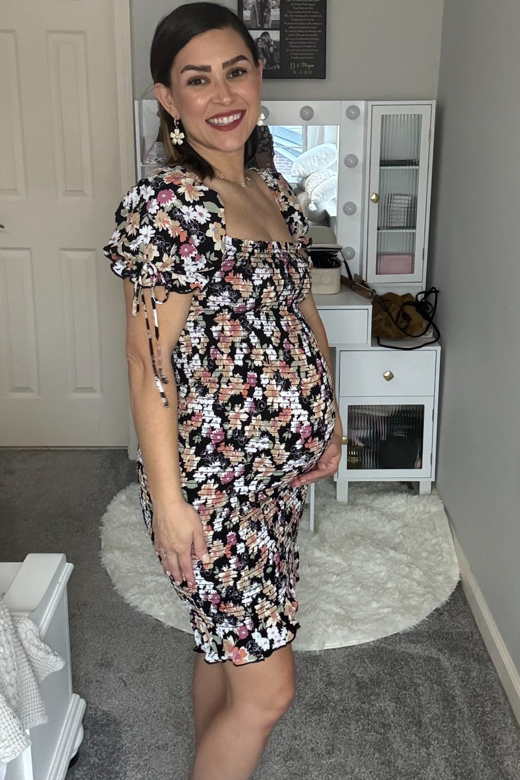 Black Floral Smocked Puff Sleeve Maternity Dress