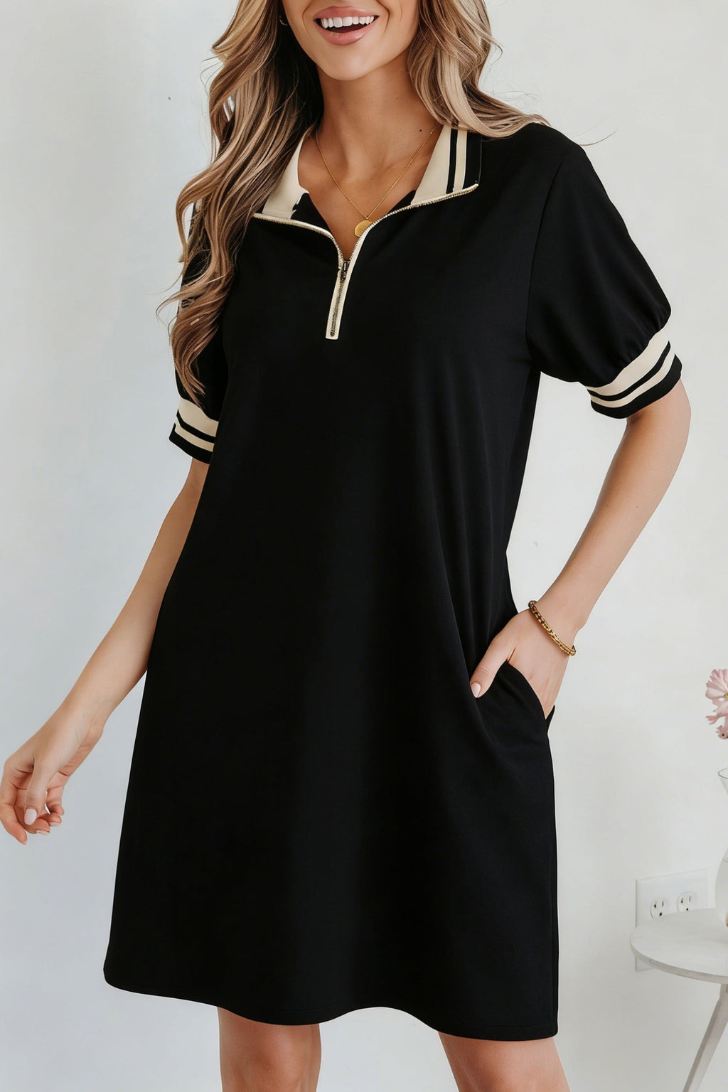 Jovie Trim Preppy Quarter-Zip Polo Tee - Black & Beige