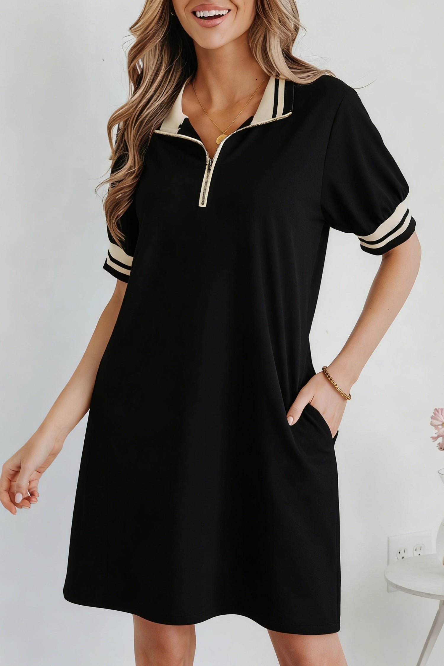 Jovie Trim Preppy Quarter-Zip Polo Tee - Black & Beige
