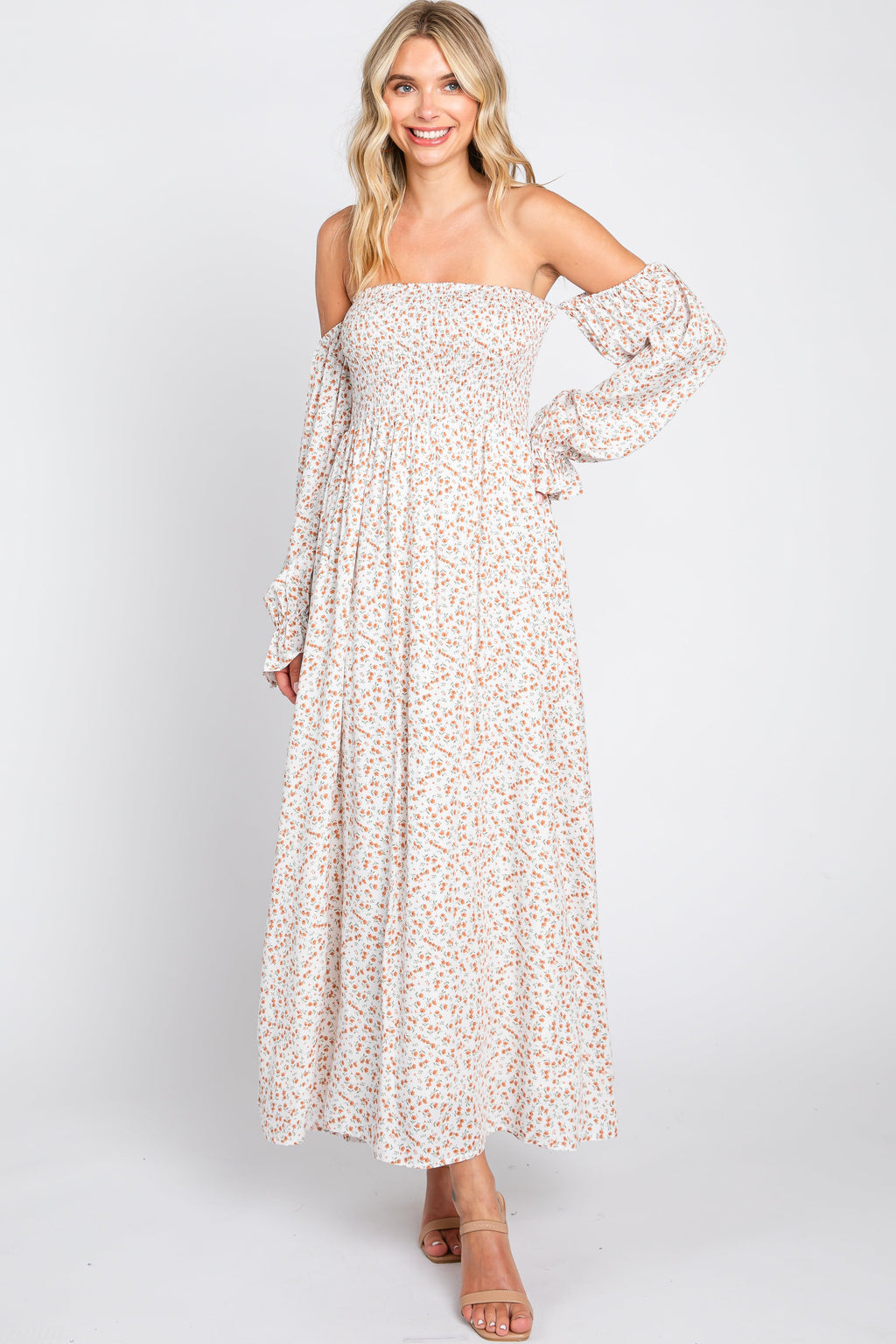 Cream Floral Square Neck Smocked Long Sleeve Maternity Maxi Dress