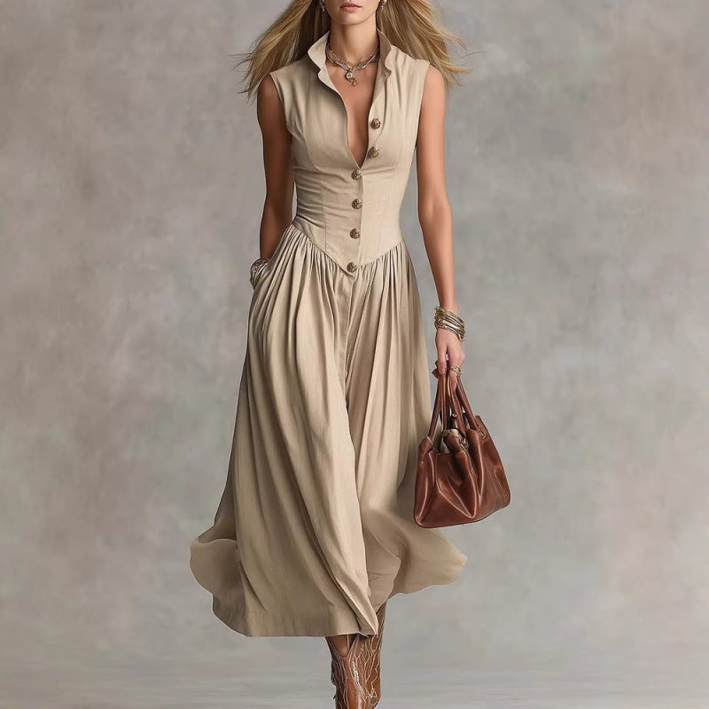 Women's Sleeveless Button-Down Maxi Dress with Lapel Collar - Image 3