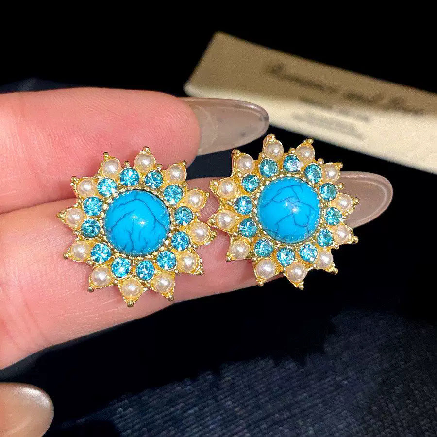 Womens Vintage Retro Round Floral Stud Earrings With Rhinestone Pearl And Stone Inlay,Costume Earrings For Daily Party Wear