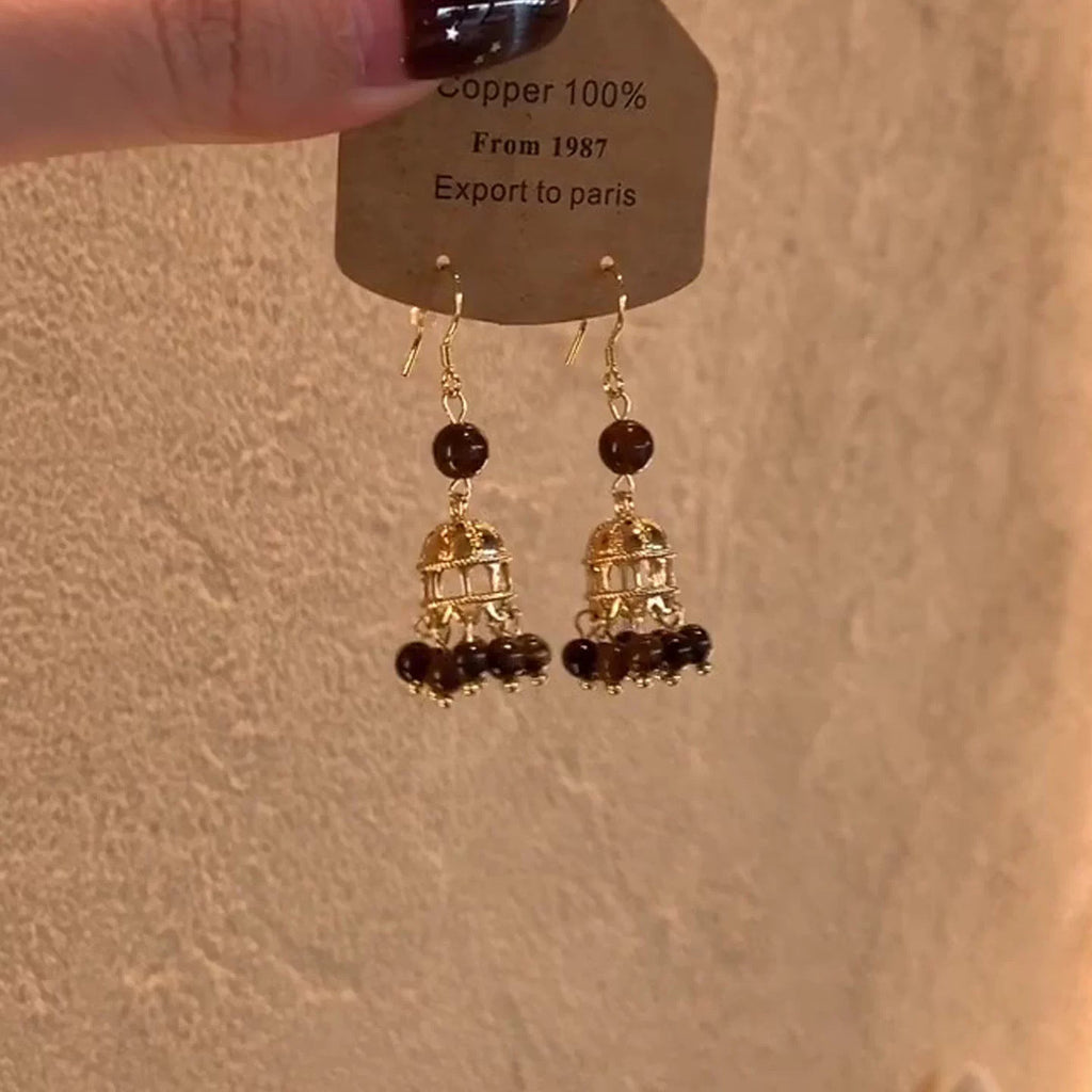 Womens Retro Ethnic Hollow Bell Tassel Stud Earrings,New Chinese Style Costume Earrings For Daily Party Wear