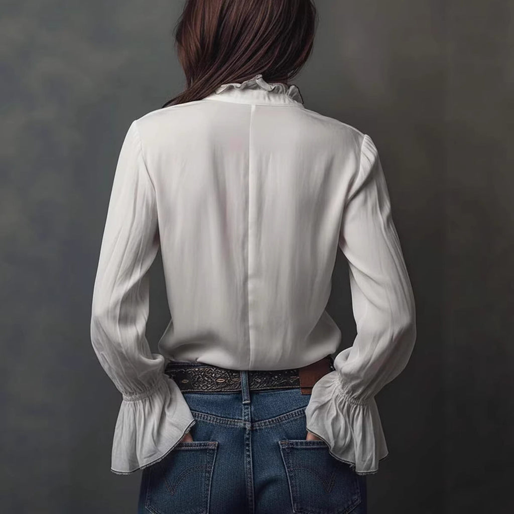 White Ruffled Long Sleeve Resort Blouse with Zipper Detail
