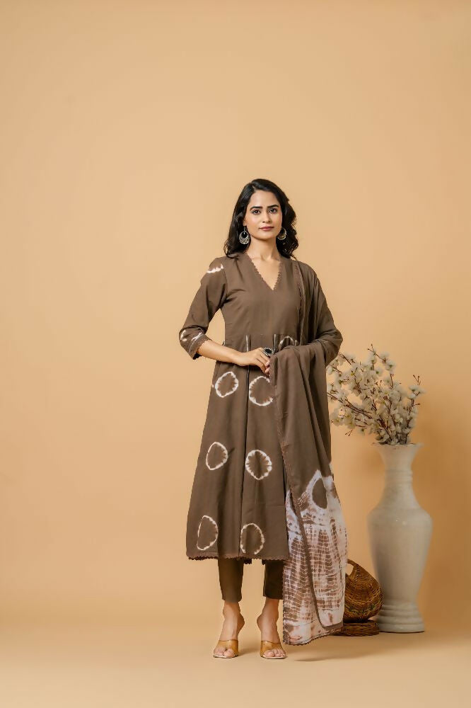 Elegant brown tie and dye cotton suit set for a comfortable and stylish look.
