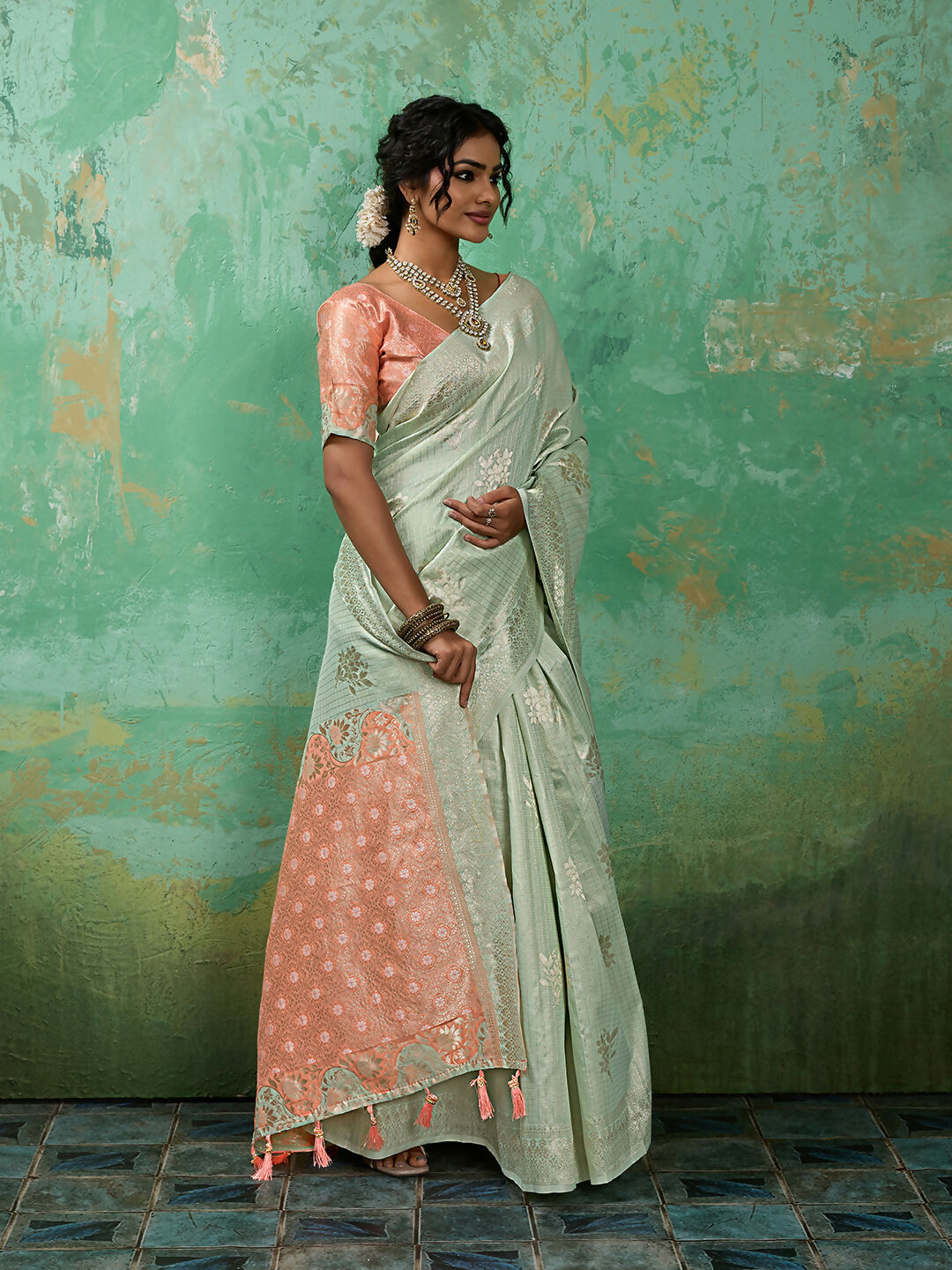 Rama Green Linen Cotton Saree with Matching Blouse
