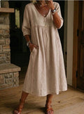 Linen Cotton V-Neck Midi Dress with Lace Trim and Pockets - Image 2