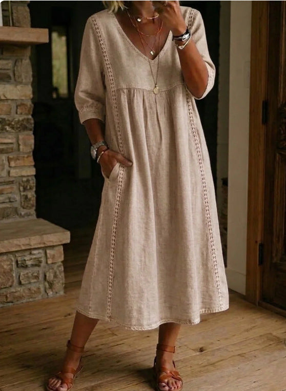 Linen Cotton V-Neck Midi Dress with Lace Trim and Pockets - Image 2