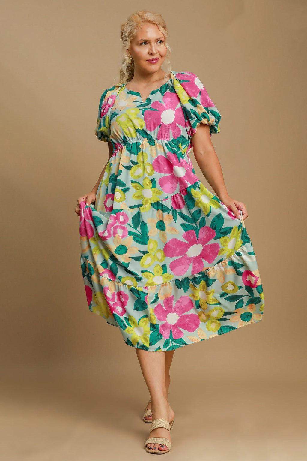 Floral Print Puff Sleeve Midi Dress Romantic Style
