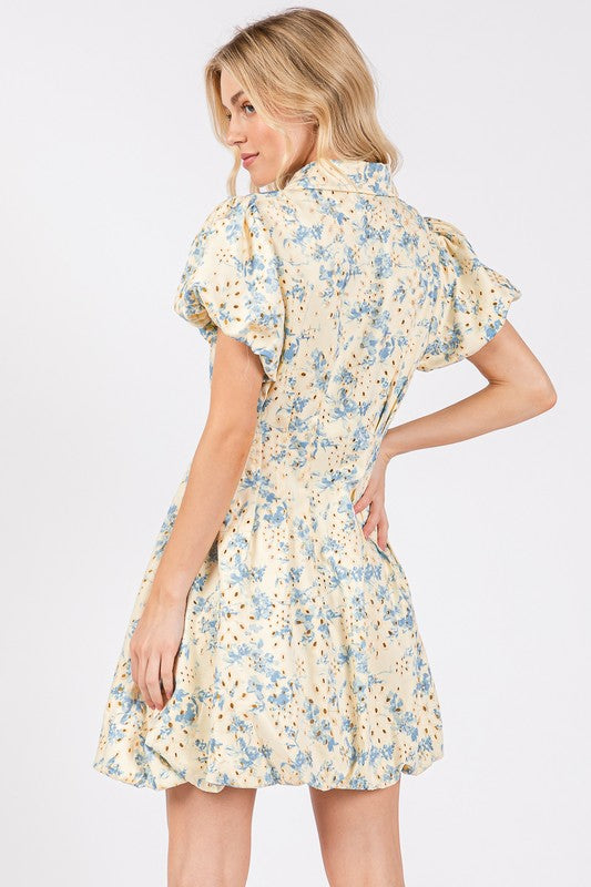 Floral Eyelet Zipper Front Puff Sleeve Mini Dress