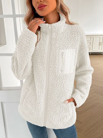 Fuzzy Zip-Up Long Sleeve Jacket Soft Plush Winter Outerwear