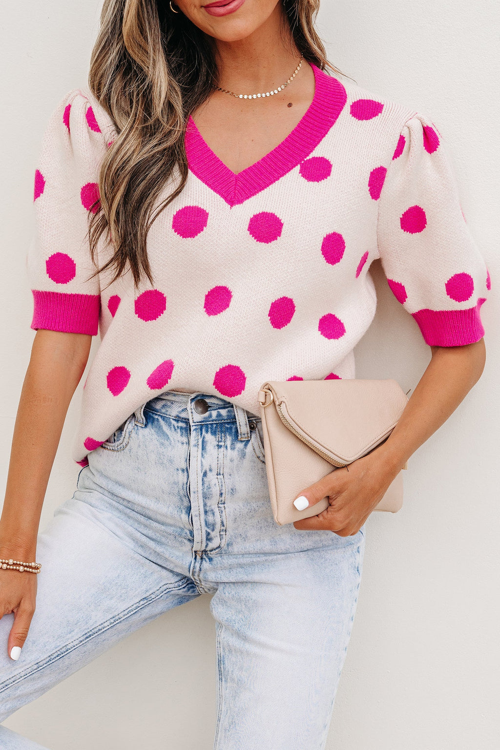 Alexia Puff Short Sleeve Sweater - Polka Dot V-Neck Knit Top