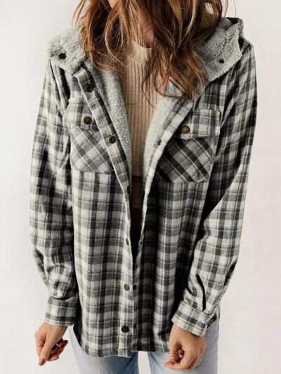 Plush plaid hooded jacket with snap-down buttons and comfortable fit