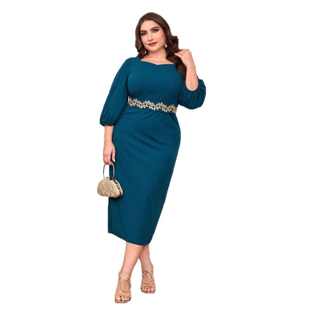 Elegant Long Sleeve Formal Maxi Dress in Navy Blue, Teal and Gold