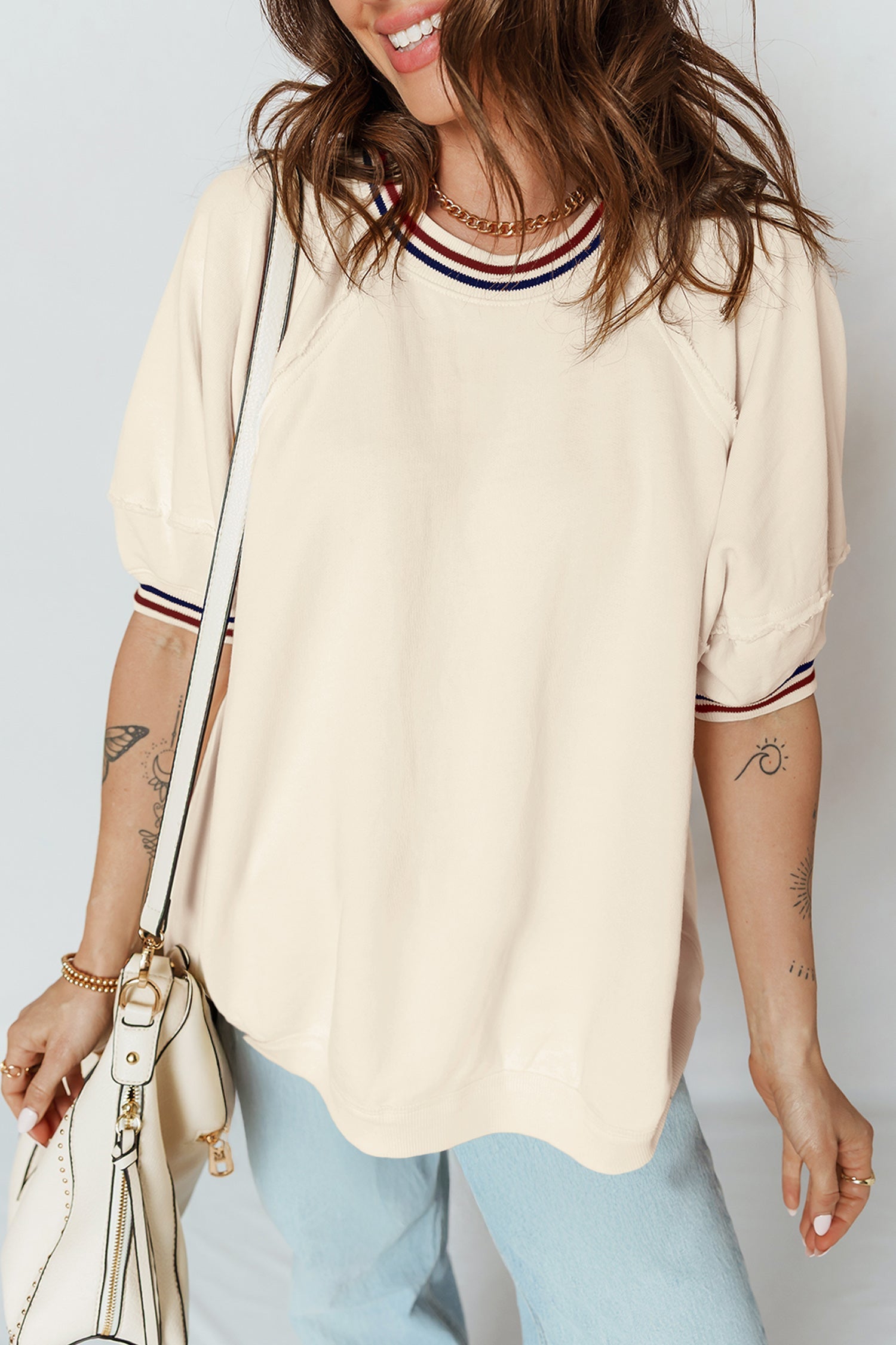 Varsity Stripe Tunic with Cuffed Short Sleeves