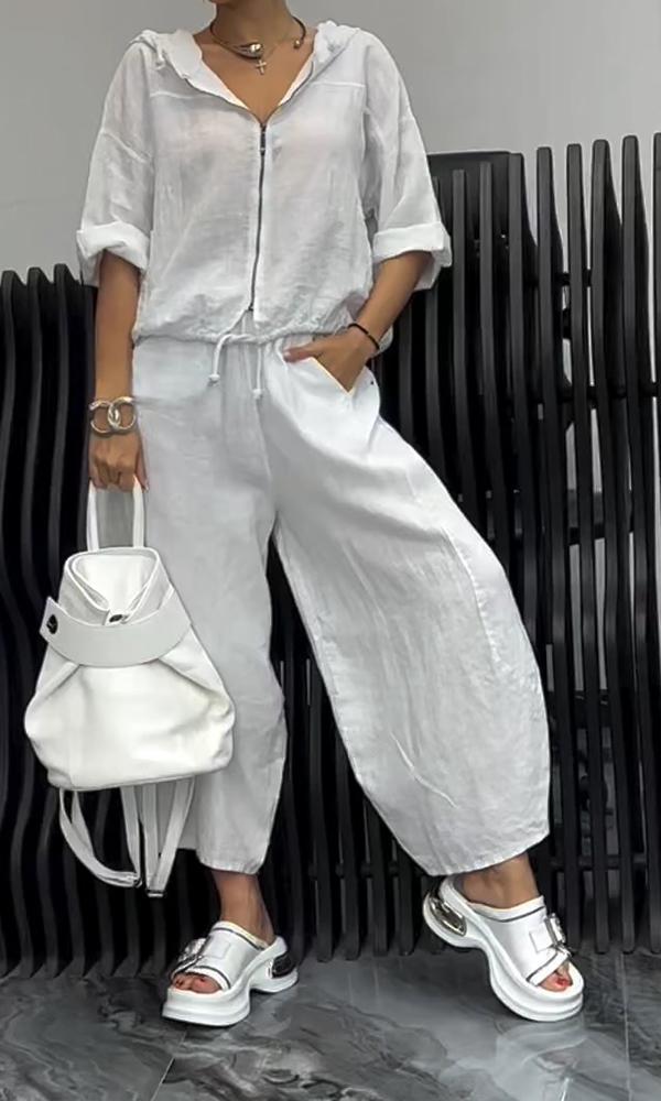 Women’s Cotton Linen Hooded Long Sleeve Top and Pants Set - Image 8