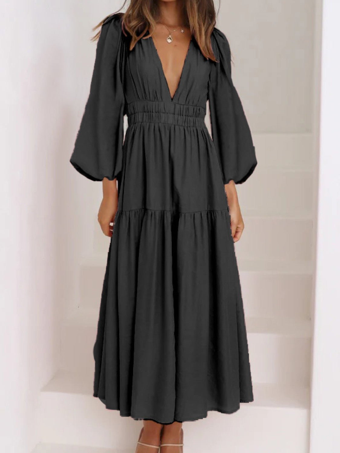 Bohemian Deep V-Neck Maxi Dress with Dramatic Balloon Sleeves