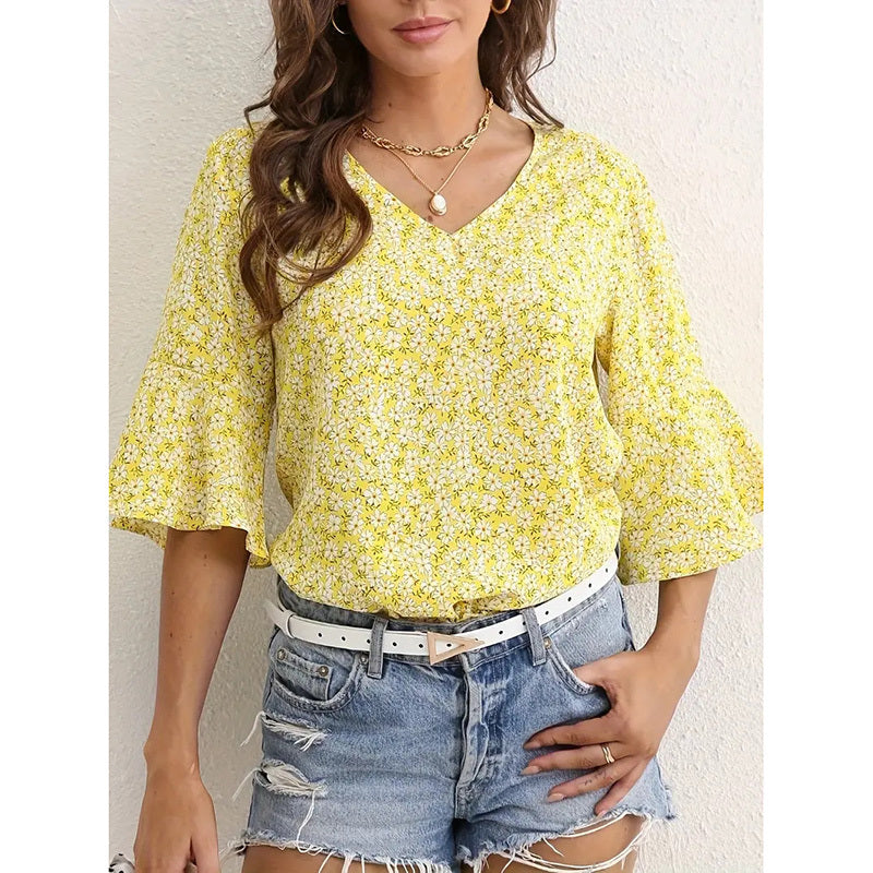 Womens Blue Floral V-Neck Blouse with Flare Sleeves - Image 11