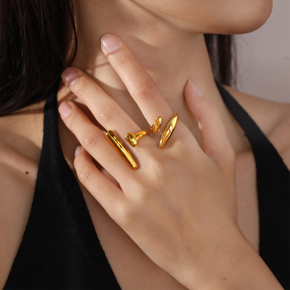 Light Luxury Gold Irregular Geometric Ring, 18K Gold Plated Stainless Steel, Vintage High-End Open Ring