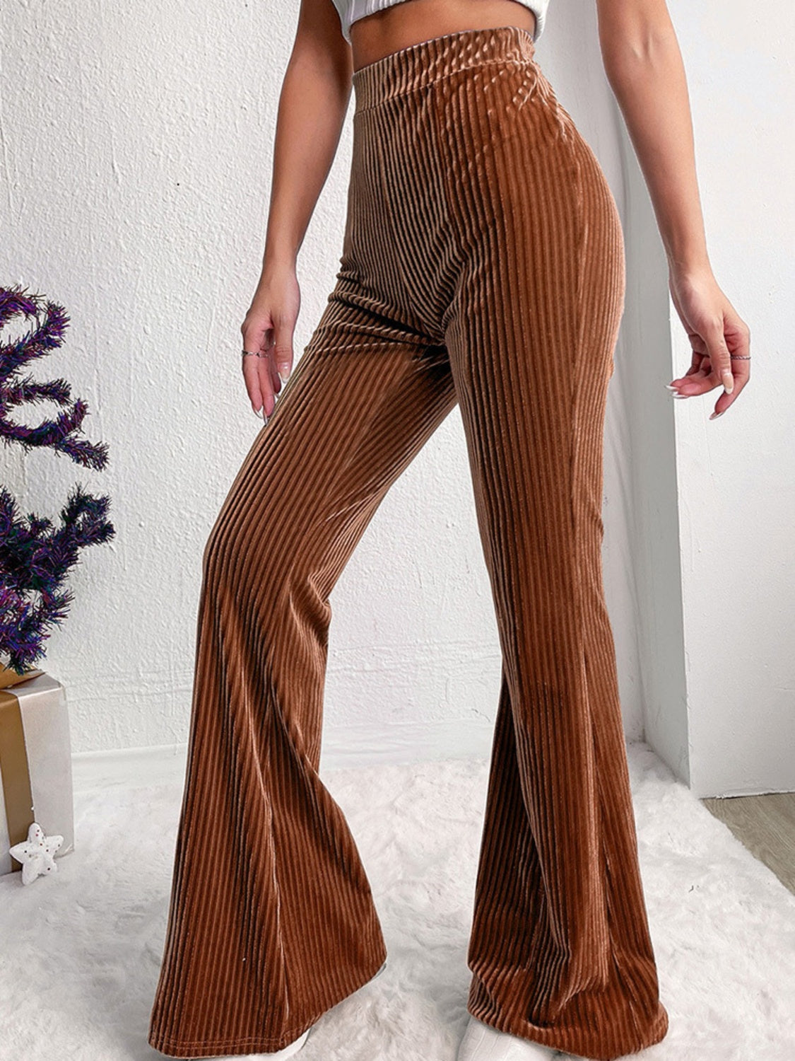 Ribbed High Waist Bootcut Pants | Knit Stretch