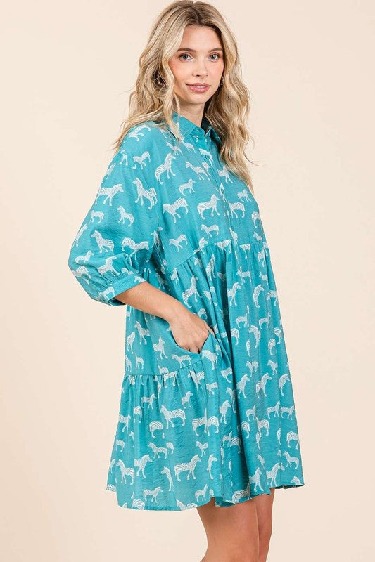 Zebra Print Button-Down Shirt Mini Dress with Tiered Detail