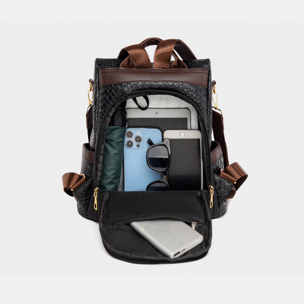 Woven Texture PU Leather Backpack Convertible Shoulder Bag