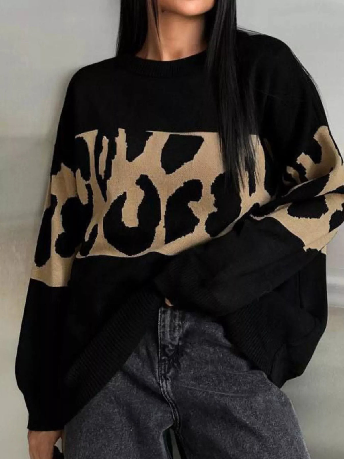 Leopard Color Block Round Neck Sweater