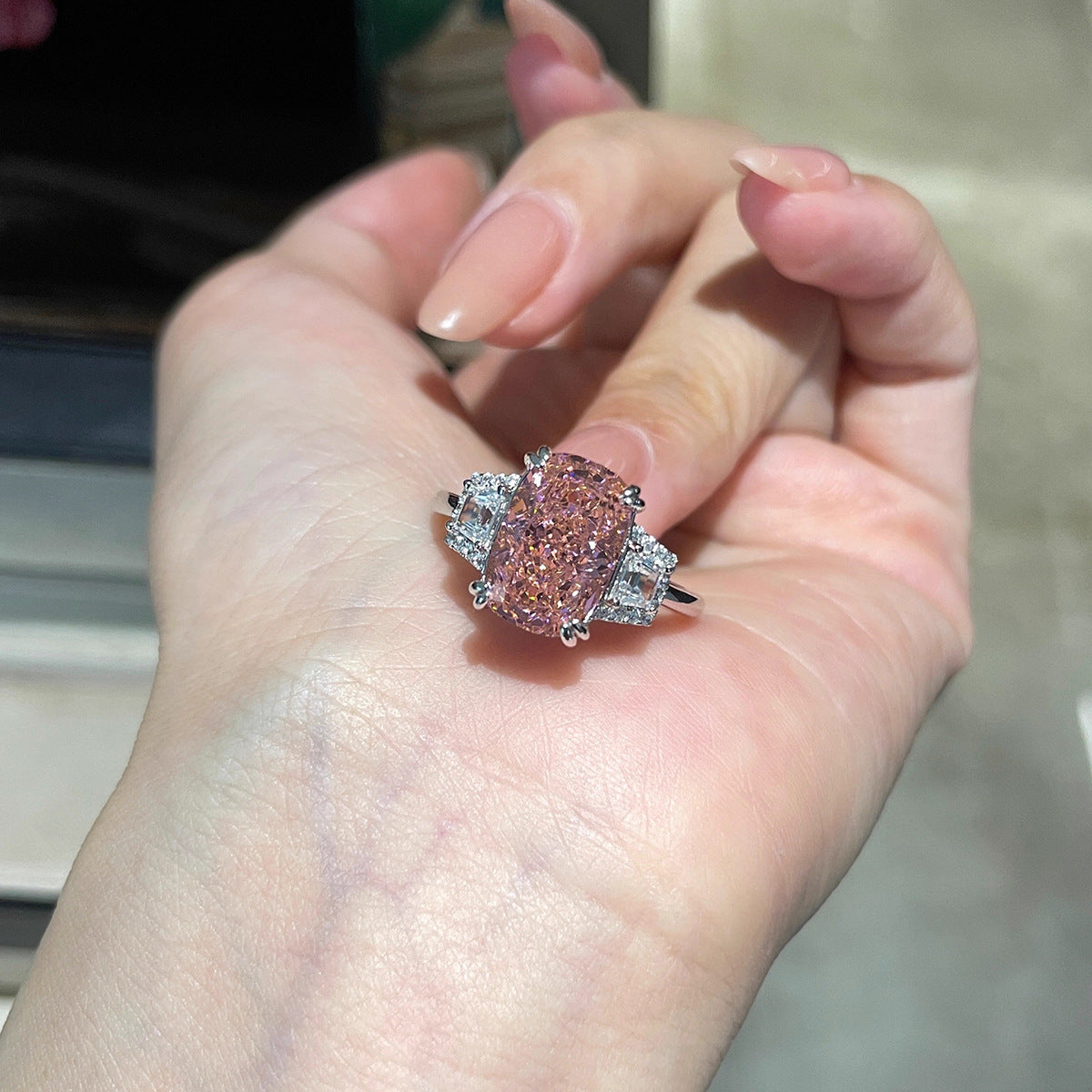Luxury Heavy Craftsmanship Simulated Diamond Ring, Large Carat Ice Flower Cut Elongated Cushion High Carbon Diamond Ring For Women