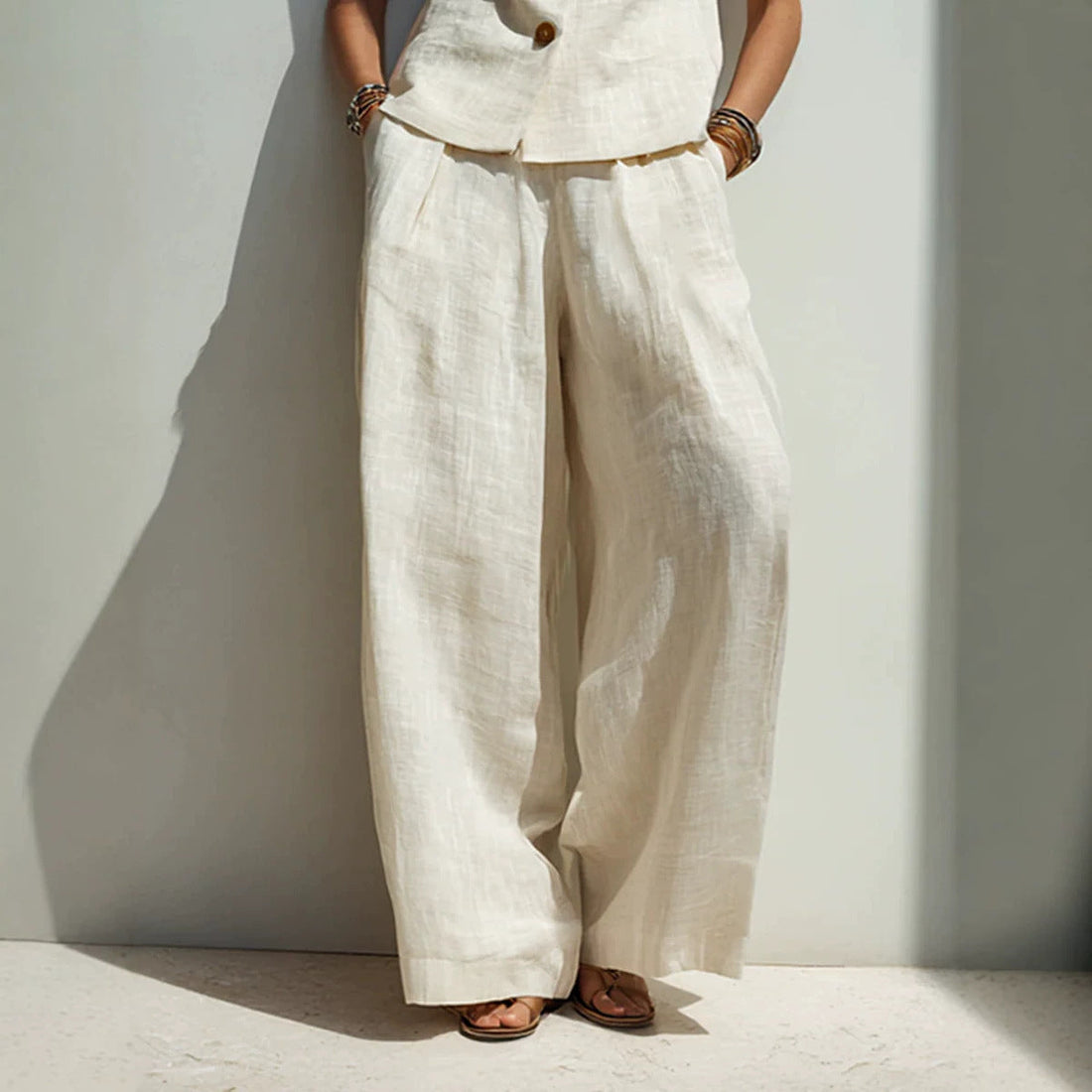 Linen Blend V-Neck Buttoned Vest & High-Waist Wide-Leg Pants Set – 5 Colors S–3XL