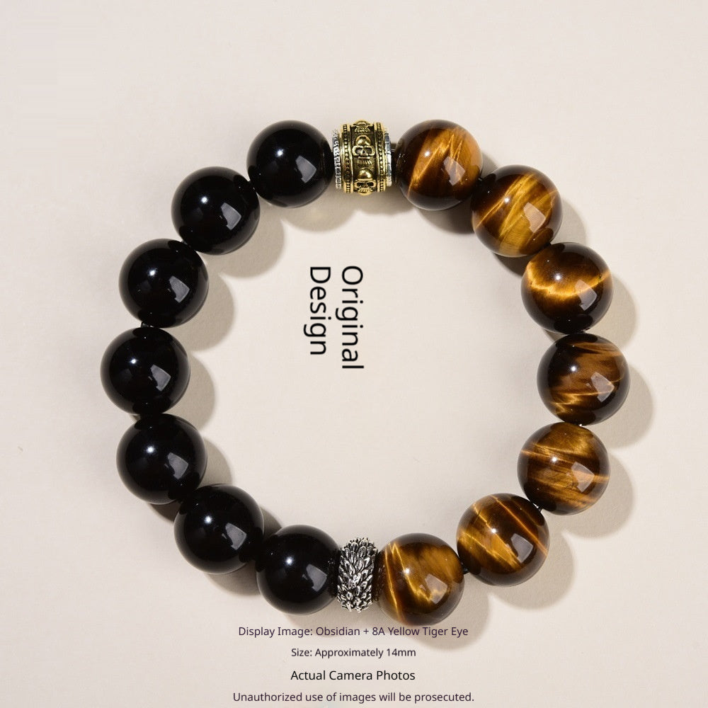 Natural Tigers Eye and Obsidian Beaded Collectors Bracelet 14mm