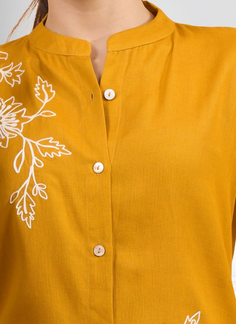 Mustard Embroidered Cotton Linen Casual Cord Set