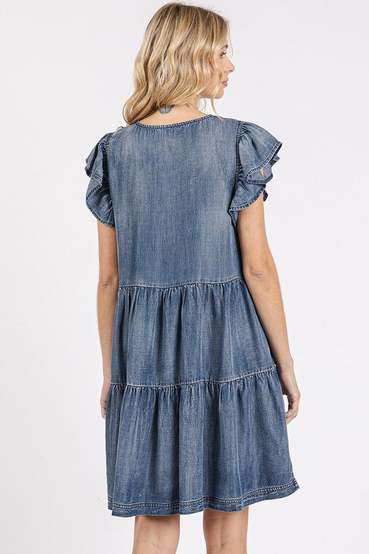 V-Neck Ruffled Cap Sleeve Mini Dress for Women