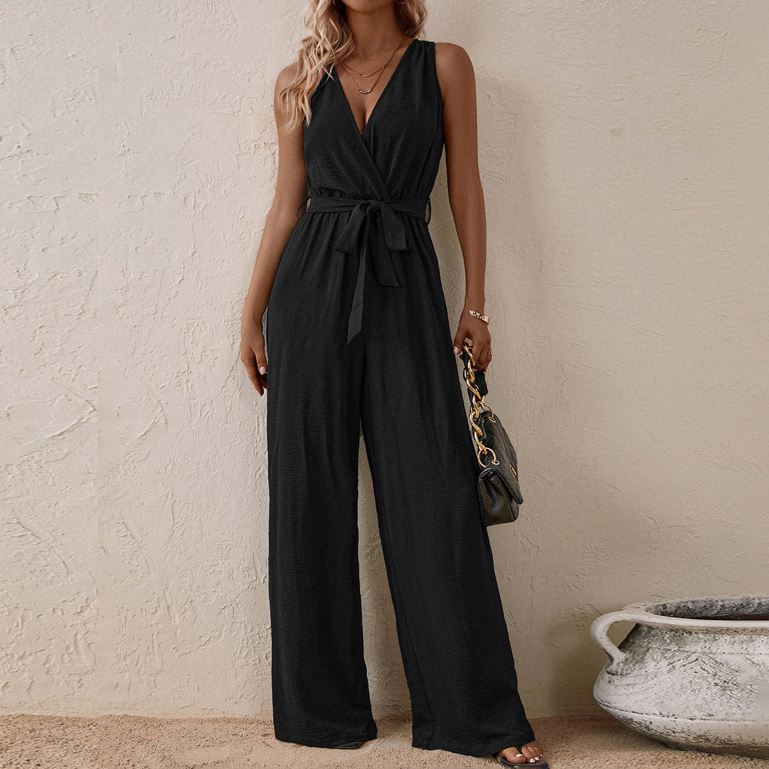 Women's Strap High-Waist Sleeveless Jumpsuit – Ice Silk Casual Wide-Leg